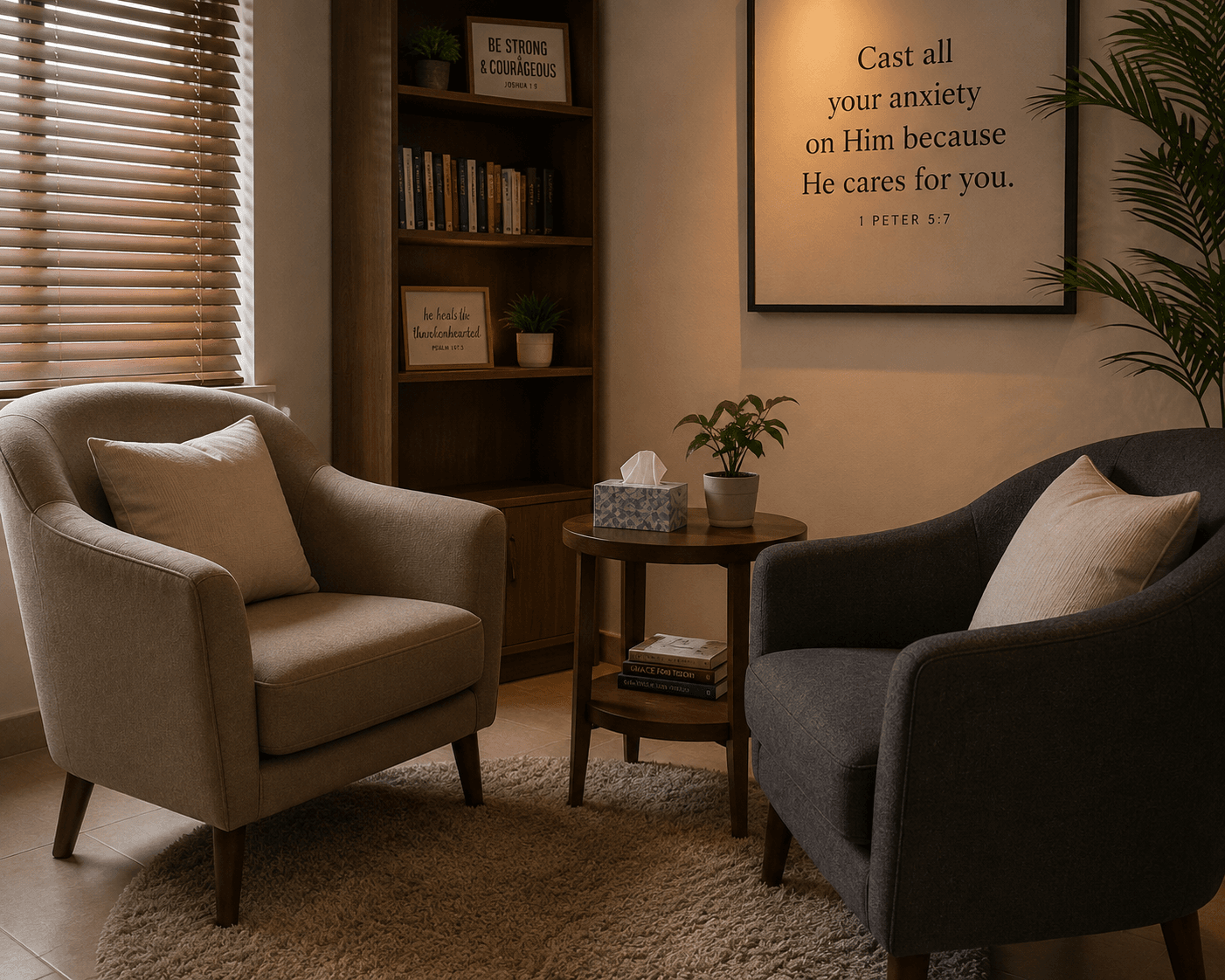 Placeholder: calm, warm photo of a counseling room — two chairs, soft light, tissue box on side table.