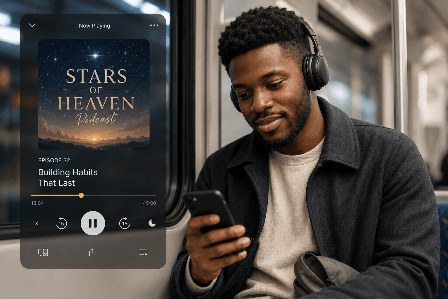 Placeholder: lifestyle photo of a person listening on headphones/phone — commuting, at a desk, or on a walk — podcast app UI subtly visible.